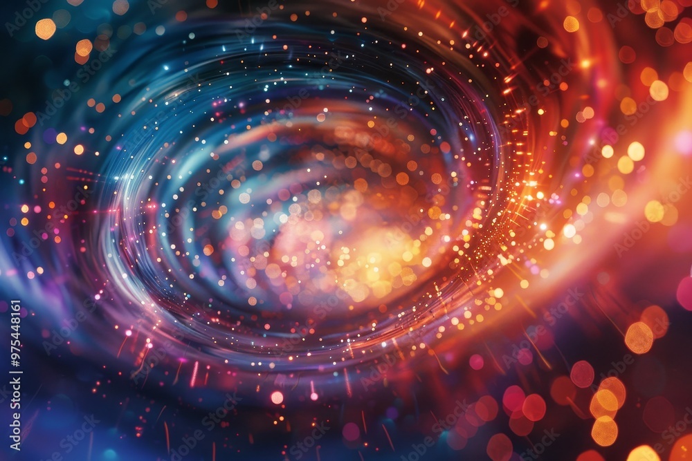 Abstract swirling galaxy with vibrant colors and shimmering lights.