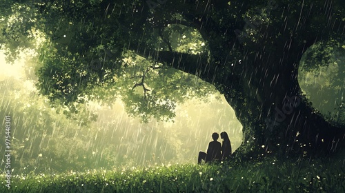 Couple sharing a moment under a large tree in the rain, leaves creating a partial shelter, diffused light creating a soft and dreamy effect, peaceful and loving atmosphere, lo-fi anime style
