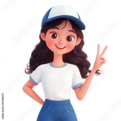 Meet a cheerful, casual girl sporting a cute cap and blue pants, flashing a peace sign with a radiant smile. A joyful vibe photo