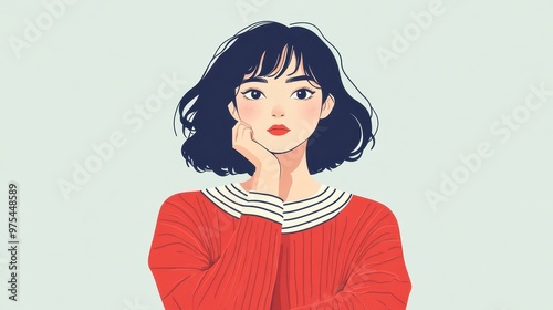 A thoughtful young woman in a stylish red sweater contemplates her choices in a minimalistic, modern 3D illustration. photo