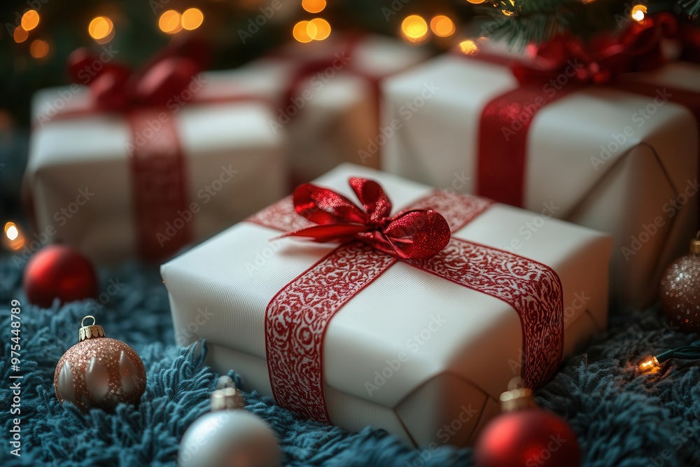 festive holiday scene with wrapped gifts and ornaments white presents with red ribbons pop against soft blue background incorporates christmas lights for warm inviting atmosphere festive holiday scene with wrapped gifts and ornaments white presents with red ribbons pop against soft blue background incorporates christmas lights for warm inviting atmosphere