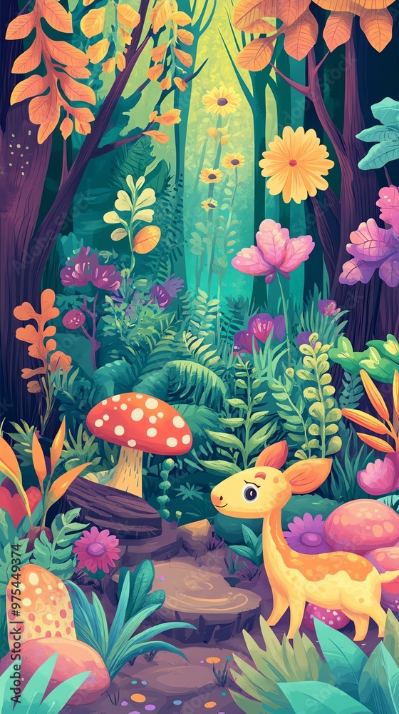 Obraz premium Colorful enchanted forest illustration with cute baby deer, vibrant flowers, and whimsical mushrooms in a magical setting.