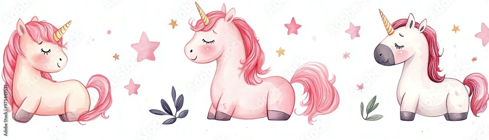 Fototapeta premium Cute watercolor unicorns with pink manes and stars in the background, perfect for children's decor or nursery art.