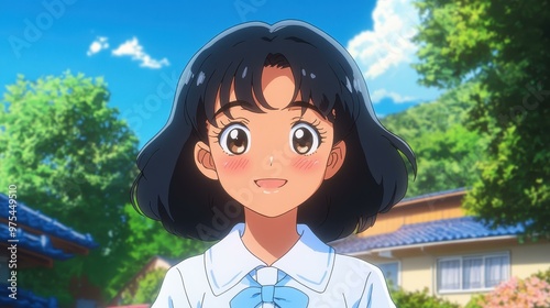 A vibrant anime scene showcases a tanskinned girl with a sleek black bob, dressed in a classic high school uniform. photo