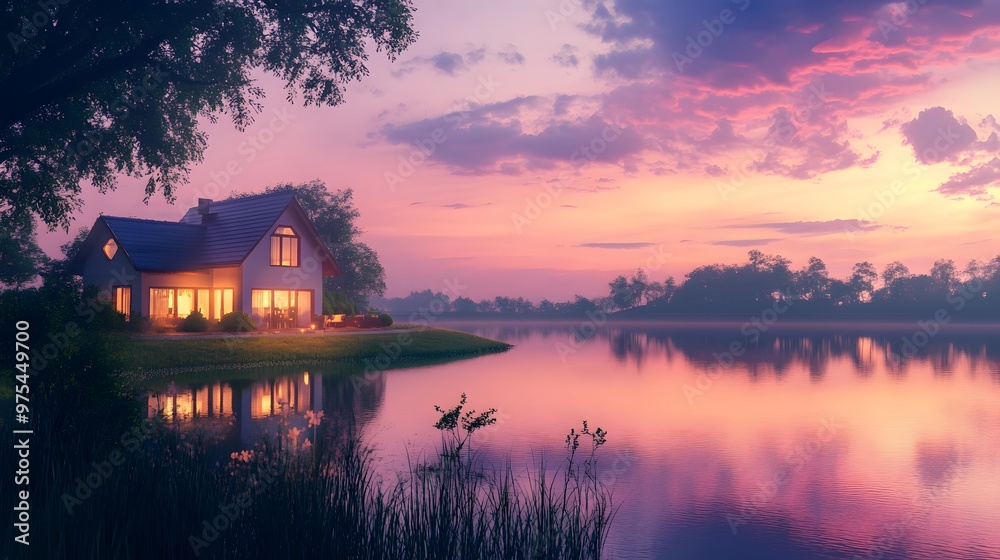 Fototapeta premium Scenic view of a house by a tranquil lake, illuminated by a pink and purple sunset sky, calm water mirroring the sky colors, a peaceful and reflective mood, warm light casting a gentle glow,