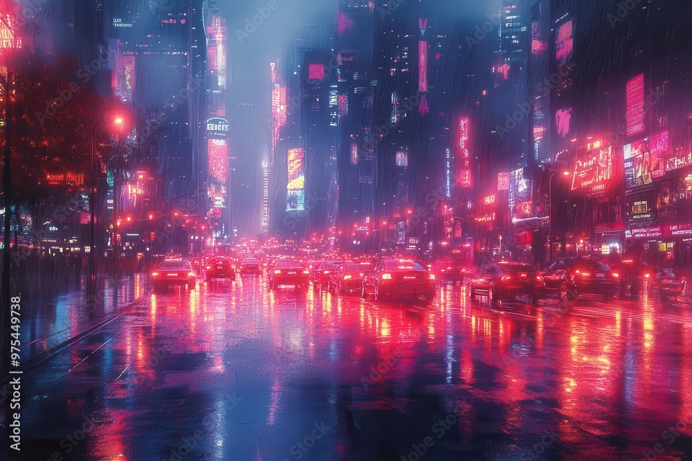 Obraz premium Neon Metropolis Nightscape: A Futuristic Urban Dreamscape Awash in Vibrant Pink and Purple Reflections
