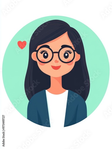 Create a cheerful anime avatar of a woman with shoulderlength black hair, black glasses, and a gentle expression. photo