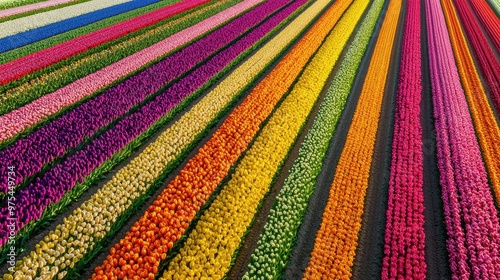 Crystal-clear aerial image of a colorful tulip field, geometric patterns, Netherlands, 50 keywords