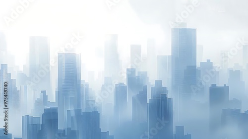 A misty city skyline with tall buildings emerging from fog.