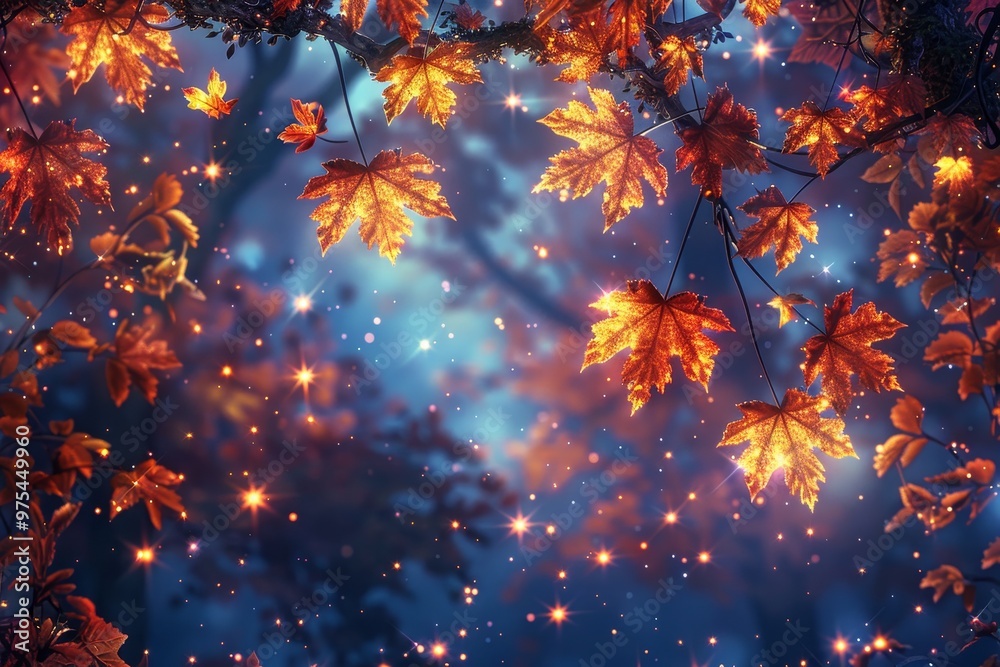 Autumn leaves glow with a magical light against a dark blue night sky filled with stars. Autumn leaves glow with a magical light against a dark blue night sky filled with stars.