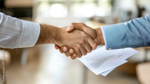 Close-up of two business professionals shaking hands, with one holding a document, symbolizing the finalization of a successful business deal or agreement in a modern corporate environment. photo