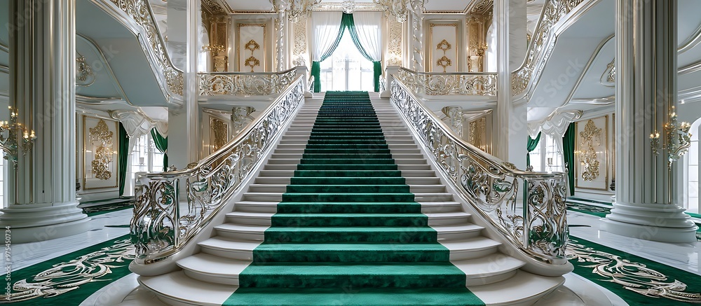 Obraz premium Grand Palace Hall with Staircase in Emerald and White, Silver Detailing