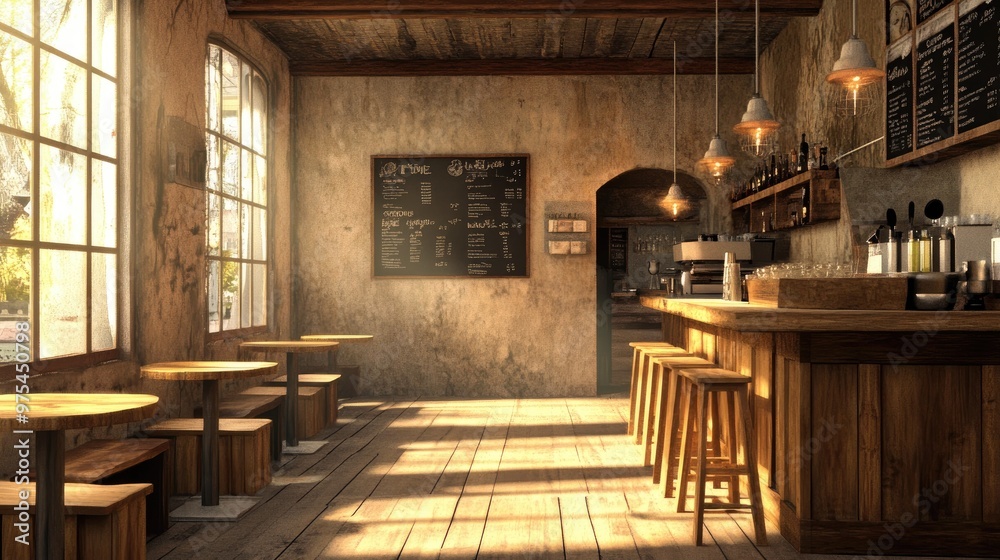 A rustic cafe interior with wooden tables and chairs, a bar counter, and a chalkboard menu. Sunlight streams in through a large window.