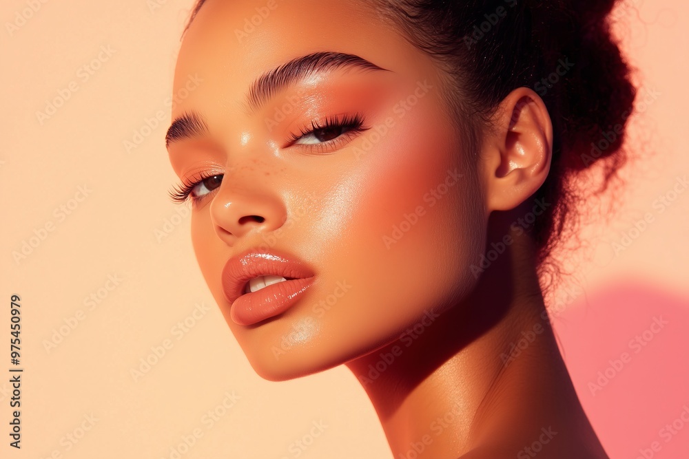 model with soft baddie glam, showcasing perfectly arched brows, long fluttery lashes, a smooth contour, and a soft mauve lip model with soft baddie glam, showcasing perfectly arched brows, long fluttery lashes, a smooth contour, and a soft mauve lip