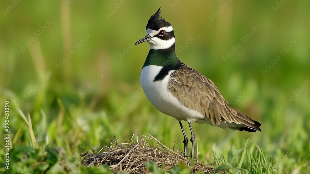 A crested lapwing stands on its nest among green grass, displaying its distinctive white, black, and green plumage along with a delicate crest on its head A crested lapwing stands on its nest among green grass, displaying its distinctive white, black, and green plumage along with a delicate crest on its head