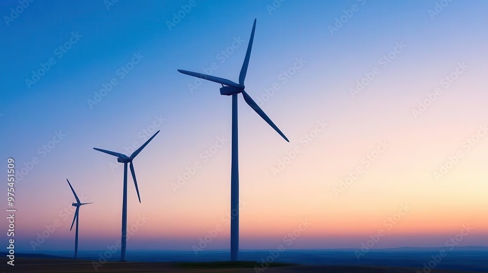 Wind turbines towering over a rural landscape at dusk, their silhouettes set against a pastel-colored sky The balance of nature and technology with space for text Wind turbines towering over a rural landscape at dusk, their silhouettes set against a pastel-colored sky The balance of nature and technology with space for text