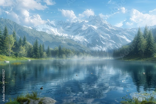 Serene mountain lake with snow-capped peaks reflecting in the water. Tranquil and idyllic scene with a misty morning atmosphere.