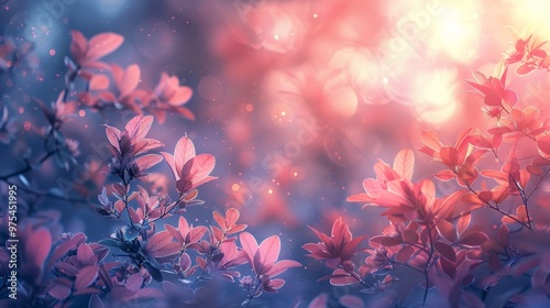 Soft, pink blossoms glow in the warm light of a spring sunrise.