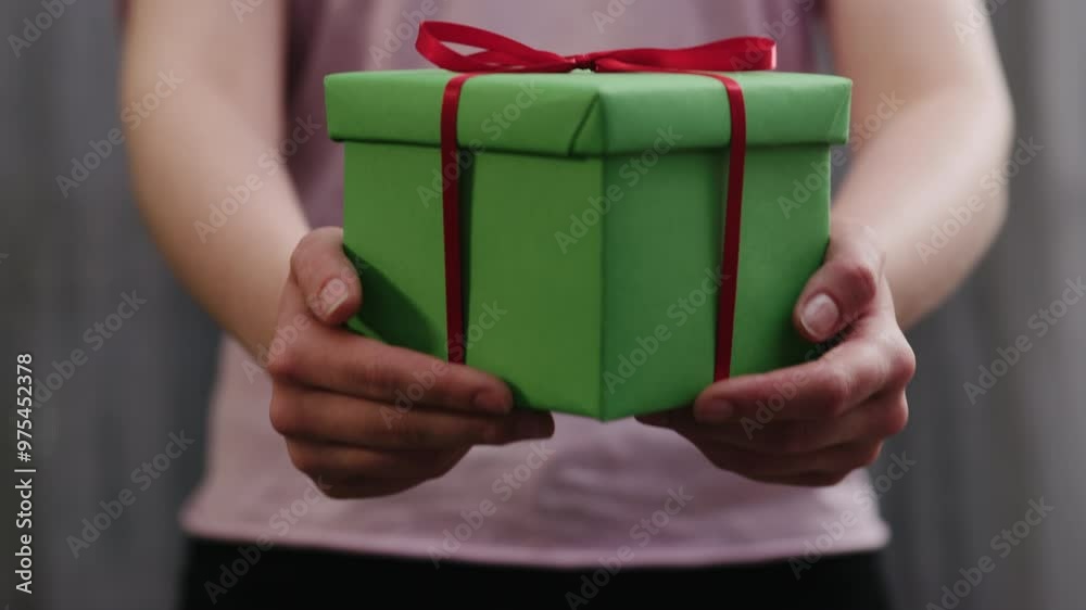 Slow motion young woman stand and show green gift box with red ribbon bow