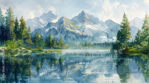 Tranquil mountain lake scene with snow capped peaks reflecting on the still water.