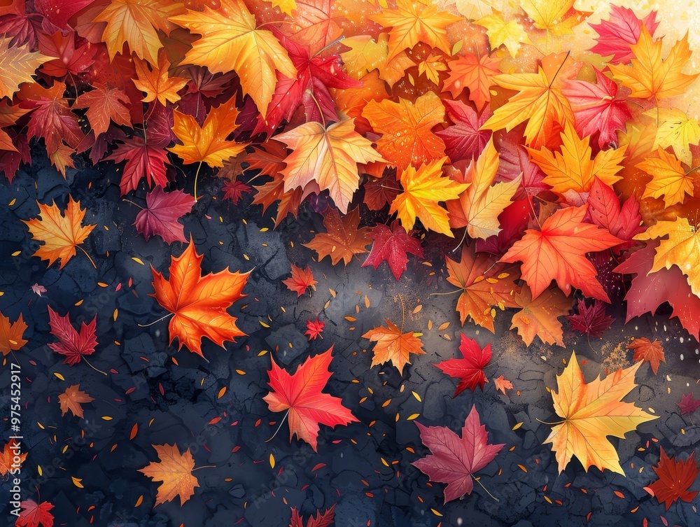 Vibrant autumn leaves in shades of red, orange, and yellow scattered on a dark background. Perfect for fall themed designs. Vibrant autumn leaves in shades of red, orange, and yellow scattered on a dark background. Perfect for fall themed designs.