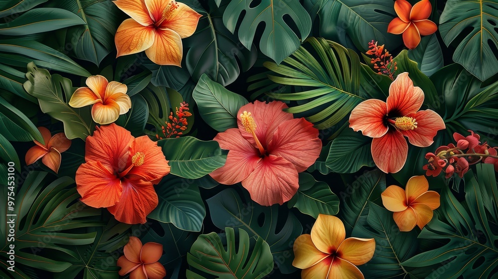 Vibrant orange hibiscus flowers and tropical leaves create a lush, exotic background.