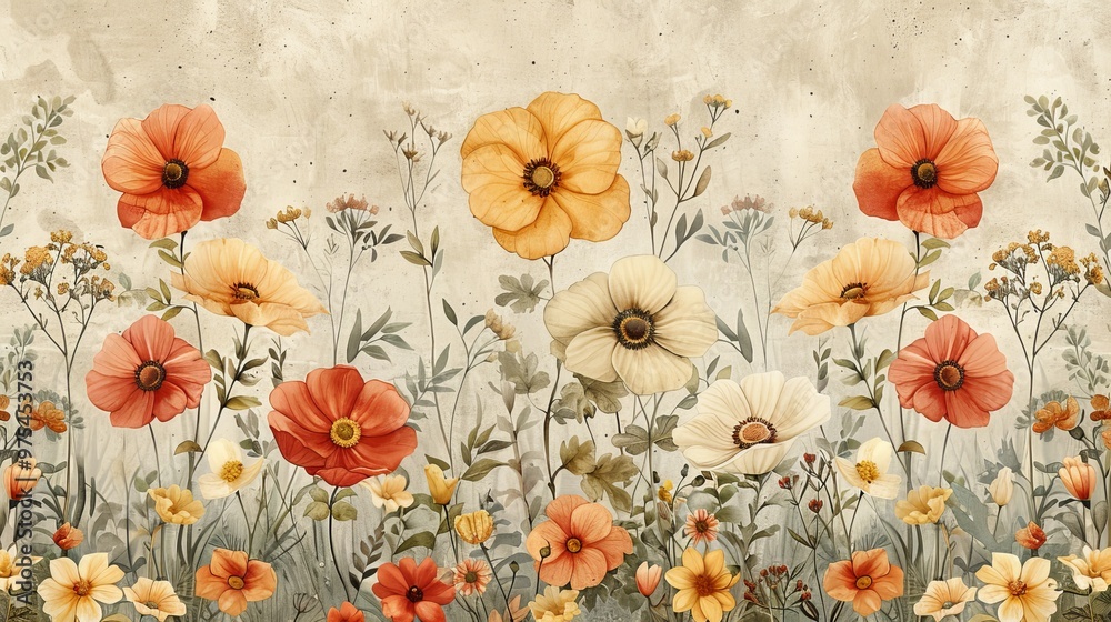 Watercolor painting of a field of wildflowers in shades of orange, yellow, and white. The flowers are set against a textured, cream-colored background. Watercolor painting of a field of wildflowers in shades of orange, yellow, and white. The flowers are set against a textured, cream-colored background.