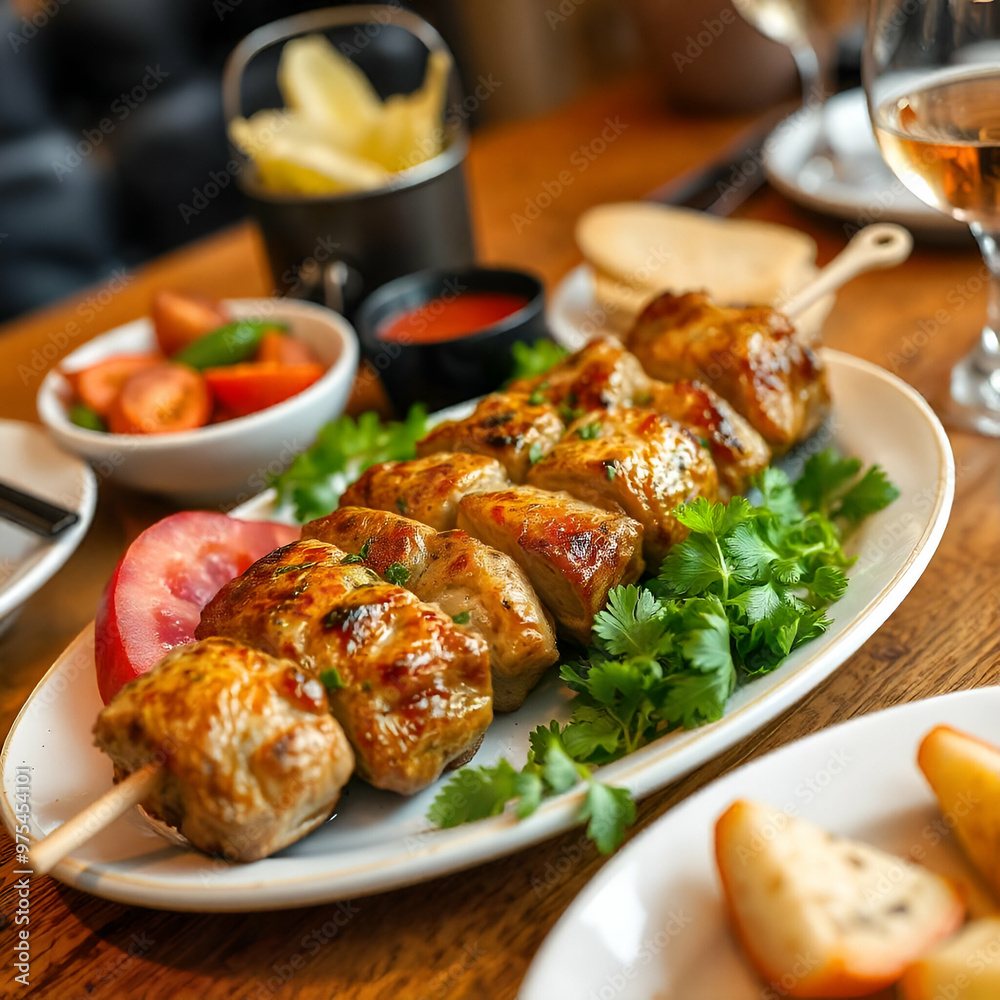 a plate of grilled chicken skewers served with a side of salad bread and dipping sauces on a wooden table a plate of grilled chicken skewers served with a side of salad bread and dipping sauces on a wooden table