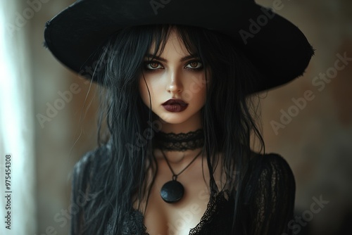 Brunette Gothic witch, Halloween fashion and make-up shoot Portrait. Gothic, Goth, Victorian, Dark style fashion. Dark smokey make-up. Dramatic. Elegant. 