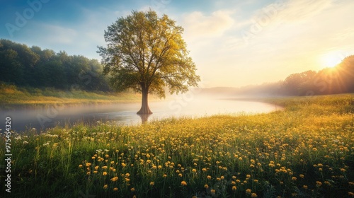 Wallpaper Mural A single tree stands tall in a field of wildflowers, its reflection shimmering in the water of a misty river at sunrise. Torontodigital.ca