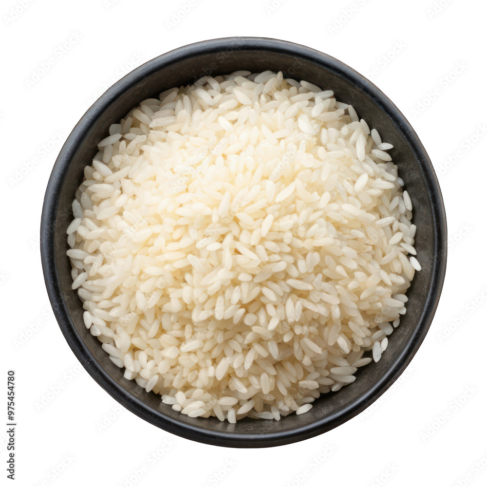 Raw rice on black bowl top view isolated on transparent background Raw rice on black bowl top view isolated on transparent background