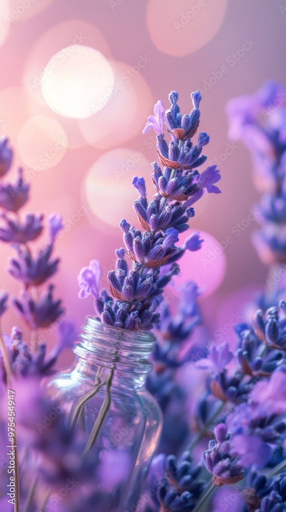 Lavender flowers in glass bottle with bokeh effect, romantic and calming atmosphere. Natural beauty and aromatherapy concept Lavender flowers in glass bottle with bokeh effect, romantic and calming atmosphere. Natural beauty and aromatherapy concept