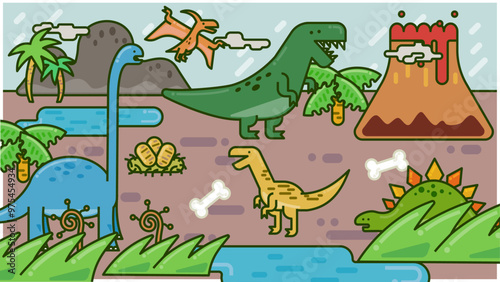 恐竜のティラノサウルス、ヴェロキラプトル、ブラキオサウルス、ステゴザウルス、プテラノドンのイラスト