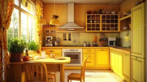 Cozy yellow kitchen with yellow cabinetry, warm lighting, and sunny decor for a vibrant atmosphere.