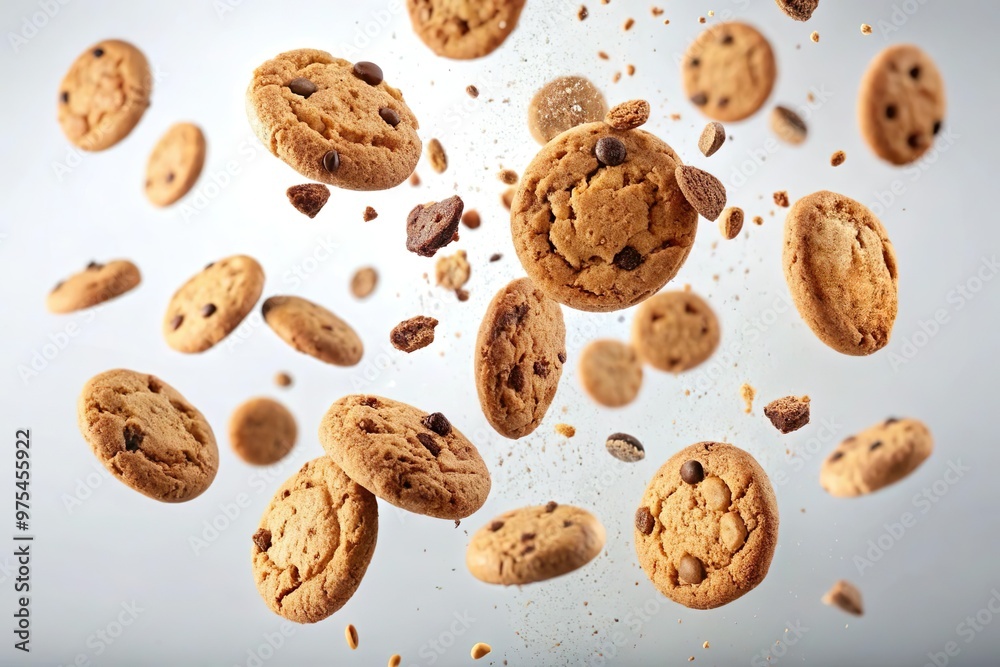 Chocolate chip biscuit cookies falling in the air Chocolate chip biscuit cookies falling in the air