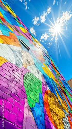 A low-angle view of vibrant street art murals depicting educational themes