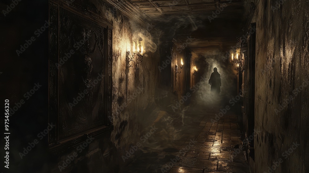 Haunted Mansion Corridor with Ghostly Figure Haunted Mansion Corridor with Ghostly Figure