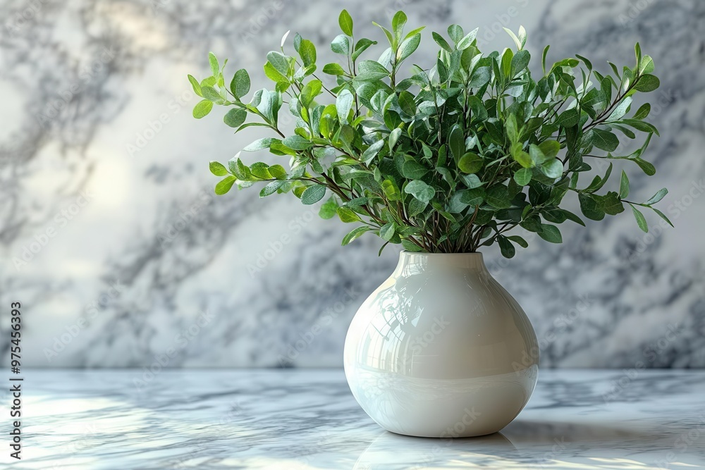 Fototapeta premium minimalist still life sleek vase with lush plants on pristine white marble sharp contrasts clean lines negative space subtle shadows contemporary interior styling