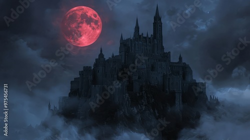 Dark Castle on a Hilltop with a Red Moon photo