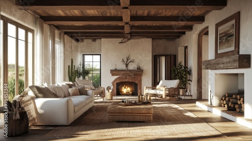 A spacious living room with a fireplace and a view of the garden, decorated in a rustic style with wooden beams and a white couch.