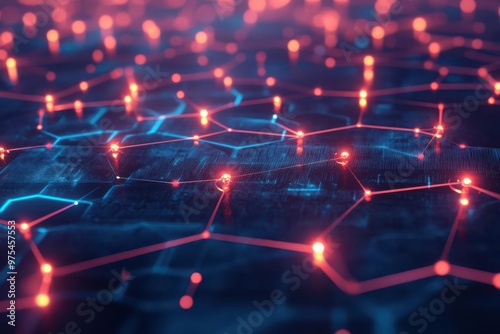 Abstract digital background featuring glowing hexagons and interconnected nodes in vibrant red and blue hues.