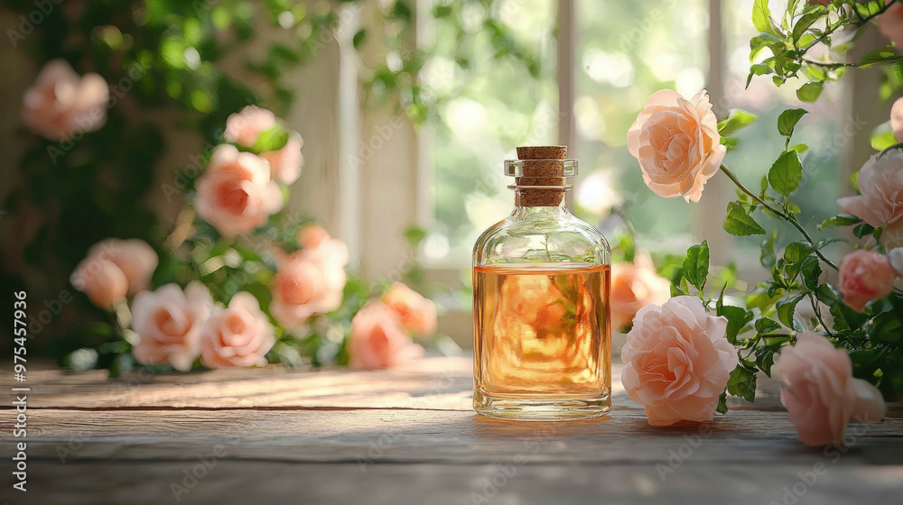 Product advertising mockup. A glass bottle filled with rose-infused oil sits on a wooden table, surrounded by pink roses and bathed in warm sunlight in a cozy room. skin care cosmetics Product advertising mockup. A glass bottle filled with rose-infused oil sits on a wooden table, surrounded by pink roses and bathed in warm sunlight in a cozy room. skin care cosmetics