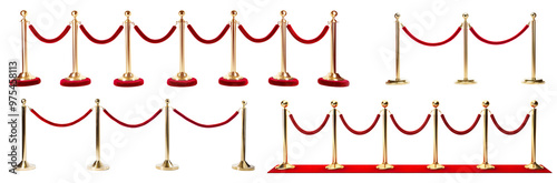 Set of stanchions with red velvet ropes, cut out photo