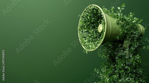 A megaphone covered in green leaves against a green background.