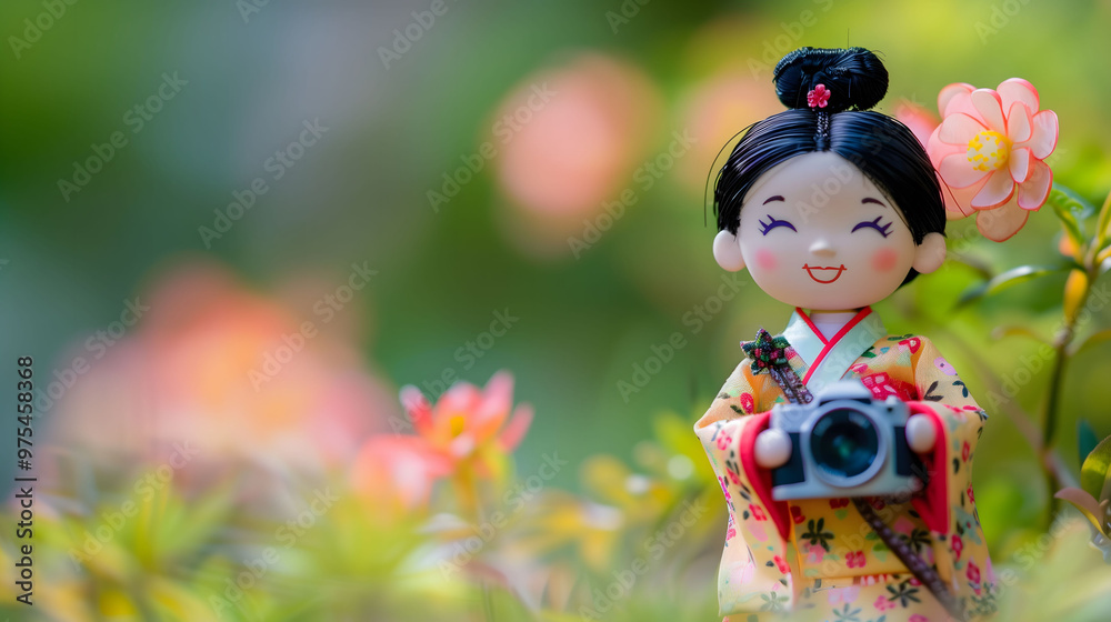 Diorama of Japanese Girl in Traditional Clothing Holding Camera on Blurry Background