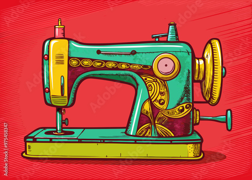 cartoon vector illustration of sewing machine, red isolated background, tailoring and dressmaking, fashion