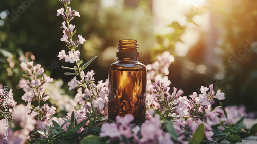 Product mockup. Amber glass bottle surrounded by blooming flowers in a sunlit garden at the end of the day. Skin care cosmetics