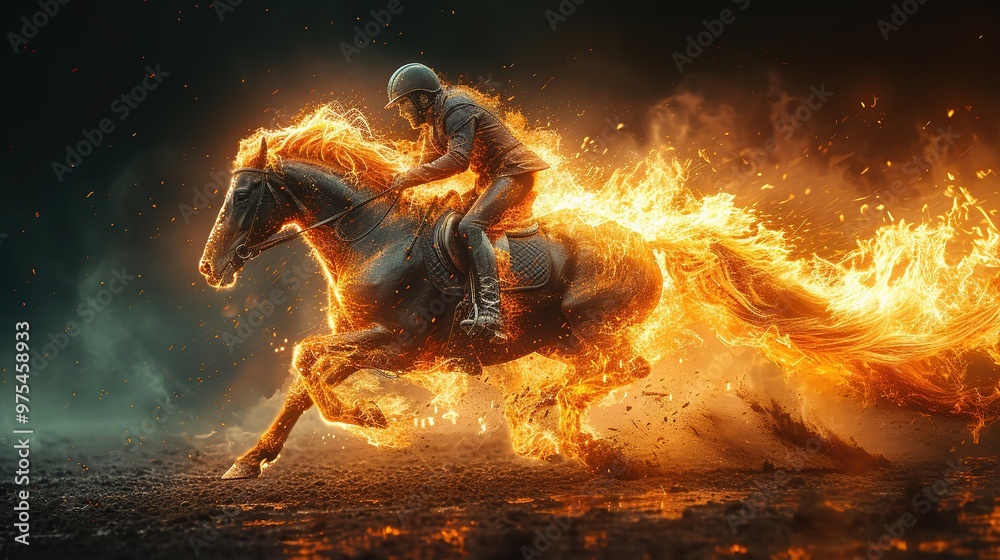 fiery horse and rider, fire from under the legs of a horse running very fast on a black background fiery horse and rider, fire from under the legs of a horse running very fast on a black background