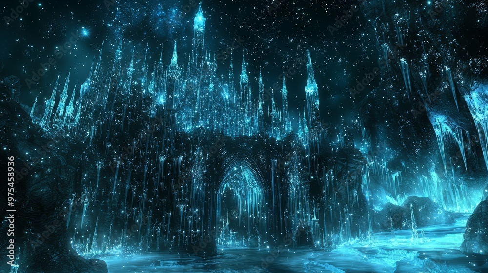 Glowing Crystal Castle Fantasy Landscape with Blue Lights and Stars