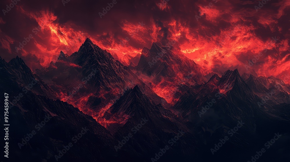 Fiery Mountain Range with Dramatic Red Sky Fiery Mountain Range with Dramatic Red Sky